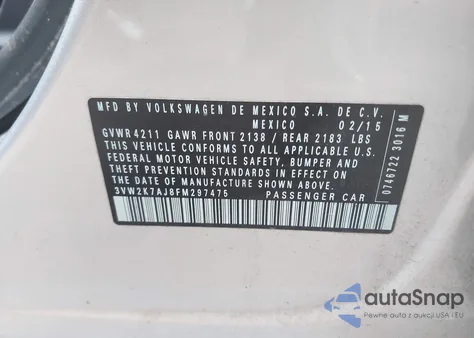 2015 Volkswagen Jetta 2.0L S from USA, damaged, VIN 3VW2K7AJ8FM297475